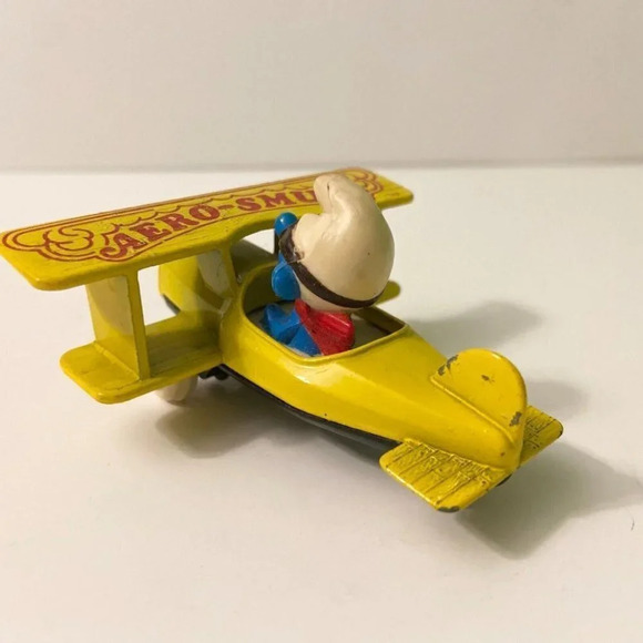 Vintage 1982 ERTL Smurfs Diecast Aero Smurf Yellow Plane Toy Hong Kong - Picture 3 of 12
